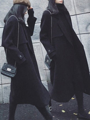 Airchics longue manteau en laine boutons ceinture avec poches col revers femme mode oversized noir